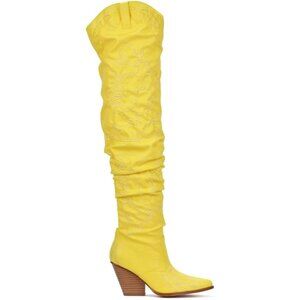Women Yellow Fabric Thigh High Over The Knee Pointed Toe Chunky Heel Boot